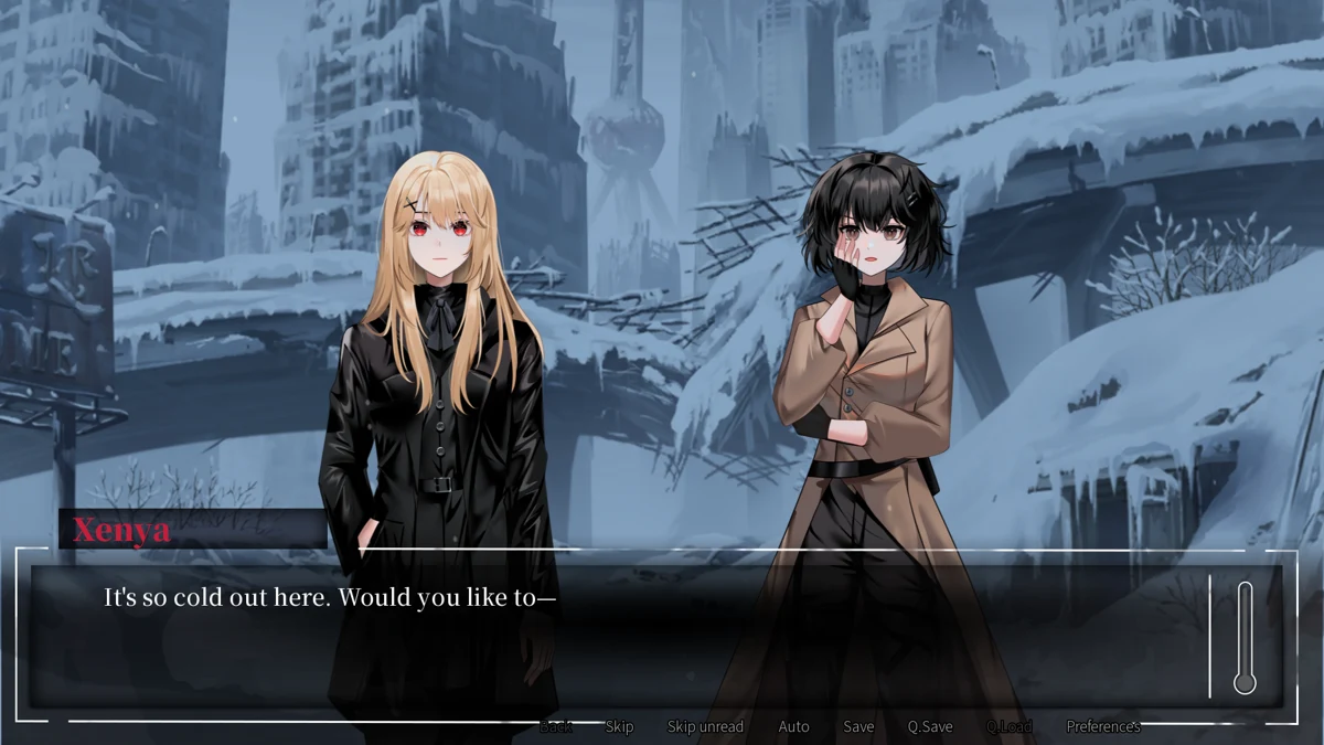 Mei and Xenya talking in the frozen city; actual English gameplay.