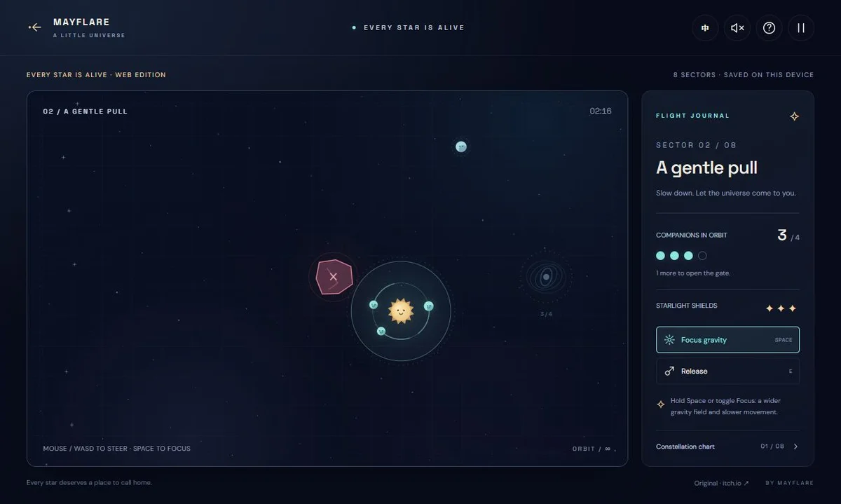 A little sun gathering colorful stars into orbit in the new browser edition.