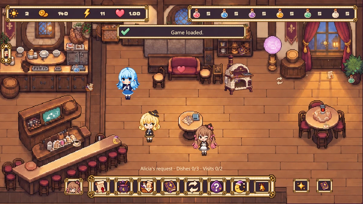 Witches visiting the warm wooden café in the October development build.
