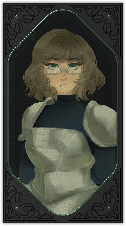 Gara, the swordswoman, wearing glasses
